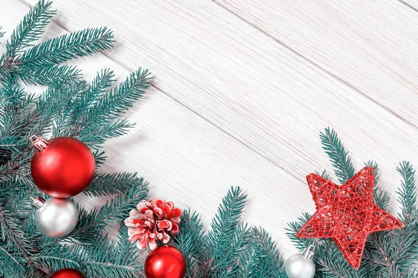 Natale Nuovo Anno Decorazioni Sfondo Rami Albero Rosso Giocattoli Natale — Foto Stock