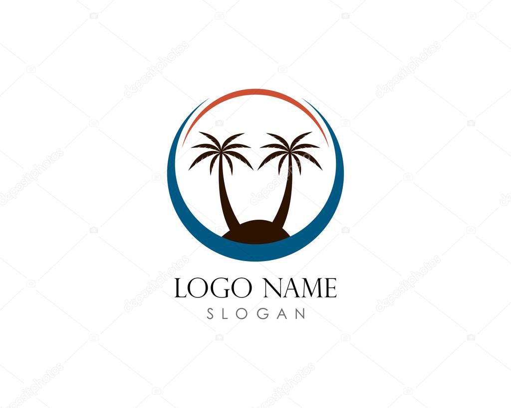 Sunset logo template with 2 coconut tree vector icon illustration design,for travel business