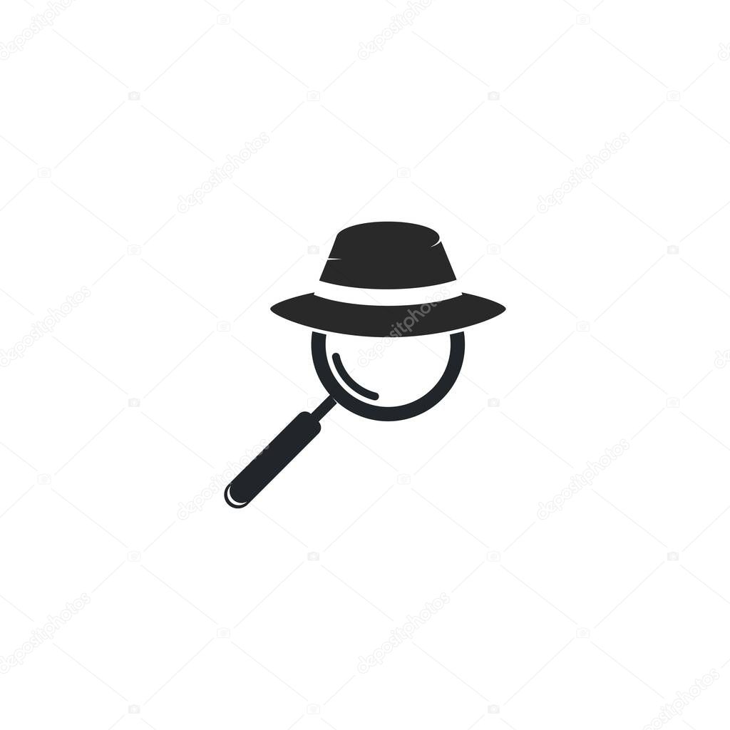 Detective hat with magnifying glass logo vector icon illustration design