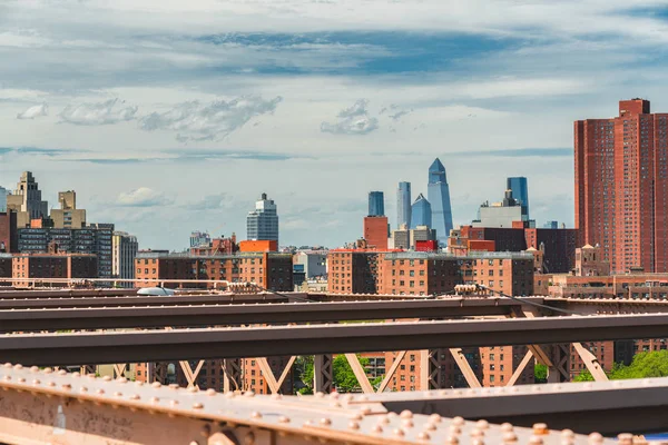 Cena Urbana Arranha Céus Manhattan Detalhes Ponte Brooklyn Nova York — Fotografia de Stock