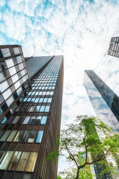 Uitzicht Een Hedendaagse Glazen Wolkenkrabbers Reflecterend Bewolkte Hemel Lage Hoek — Stockfoto