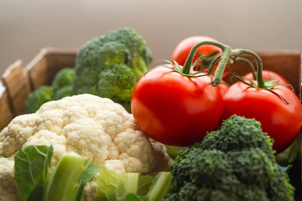 Tomatoes, Cauliflower and Broccoli in Container Close Up. Fresh Organic Vegetables, Healthy Eating, Harvesting, Product