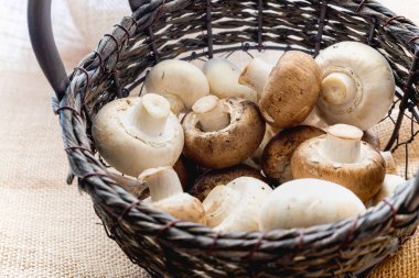 Sepetteki mantarlar. Taze Organik Beyaz ve Crimini Mantarlar Bir Sepet, Rustik Arka Plan Close Up