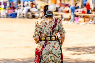 LIVE OAK CAMPGROUND, SANTA BARBARA, CA/USA - OCTOBER 5, 2019. Santa Ynez Chumash Inter-Tribal Pow Wow. Native American Women Clothing clipart