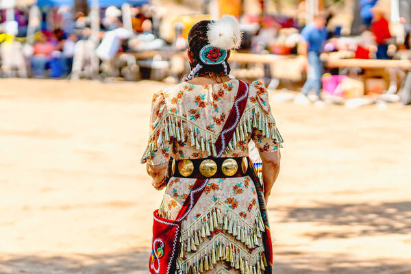 LIVE OAK CAMPGROUND, SANTA BARBARA, CA/USA - OCTOBER 5, 2019. Santa Ynez Chumash Inter-Tribal Pow Wow. Native American Women Clothing