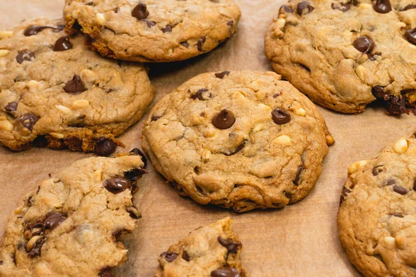 Chocolate chip cookies with pine nuts. Homemade old-fashioned Chocolate Chip Cookies close up. American cuisine, dessert