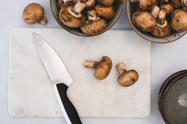 Taze çiğ kahverengi mantarlar tahtayı yukarıdan keserek kapatır.