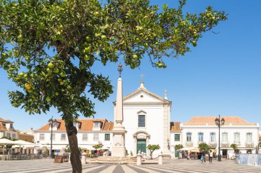 Vila Real De Santo Antonio, Portekiz. 11 Eylül 2025. Vila Real de Santo Antonios şehir meydanındaki kilise manzaralı meyve ağacı..