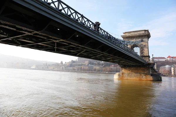 Szechenyi Veya Lanchid Chain Bridge Ilk Taş Köprüden Tuna Nehri — Stok fotoğraf