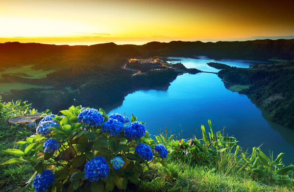 Landscape of Sete Cidades in Sao Miguel island, Azores Archipelago, Poprtugal, Europe