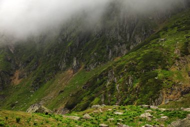 Transilvanya Alpleri'nde puslu yağmurlu bulutlar ile yaz dağ manzarası