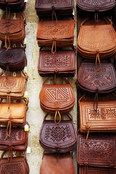 Brown Leather Bags Hanging Wall — Stock Photo, Image