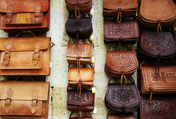 Brown Leather Bags Hanging Wall — Stock Photo, Image