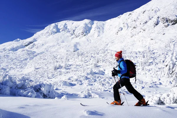 在冬季气候条件恶劣的滑雪旅游 — 图库照片