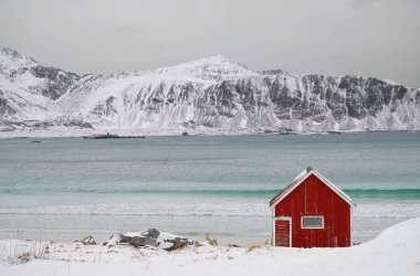 Lofoten Takımadaları 'nda kış sert peyzaj, Norveç, Avrupa