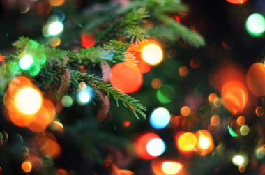 Noel tatil arka plan. Noel köknar ağacı ve parlak ışıkların bokeh.