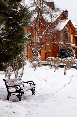 Winter park tarafından beyaz kar kaplı. Önünde park günlük ev ahşap Bank.