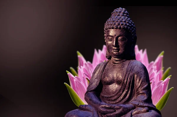 Statua di Buddha seduto in meditazione posa contro sfondo scuro profondo e rosa fiore di loto dietro . — Foto Stock