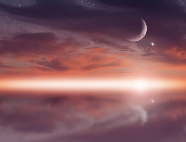 Ramadan dusk picture. Beautiful religious background with crescent, stars and glowing clouds. — Stock Photo, Image