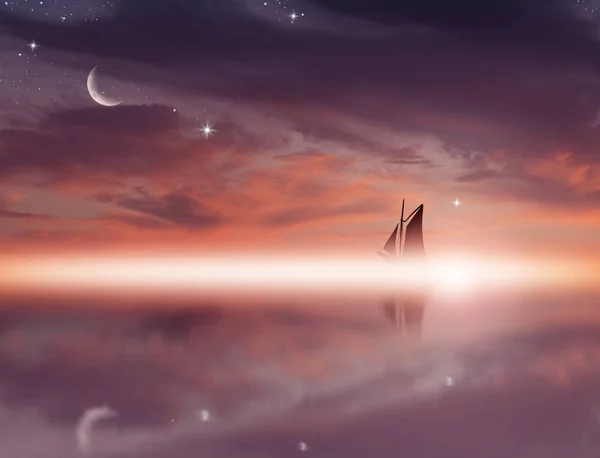 Csodálatos naplemente kép a bolyhos felhők, Egri csillagok és a nap sugarai ellen yacht sziluettje tükrözi a víz felszínén. — Stock Fotó