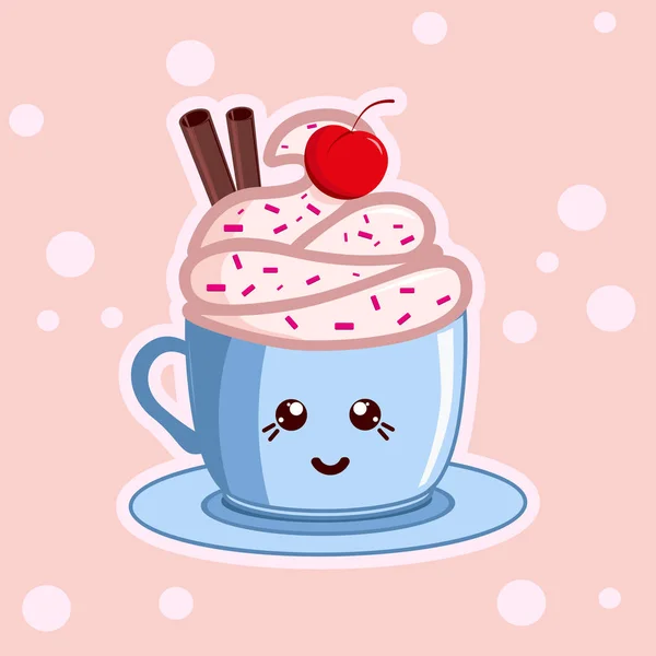 Café Kawaii con helado. Bonitas bebidas de café. Tazas de café vectorial con cara feliz . — Vector de stock