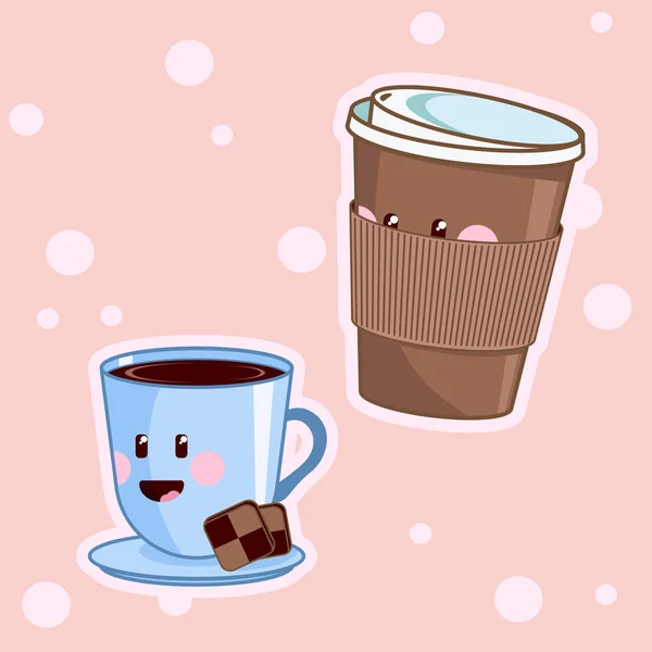 Kawaii koffie. Leuk café drinkt. Vector koffie kopjes met blij gezicht. — Stockvector