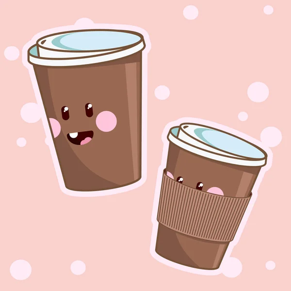 Kawaii koffie. Leuk café drinkt. Vector koffie kopjes met blij gezicht. — Stockvector