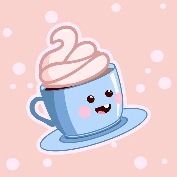 Café Kawaii com creme. Bebidas de café giras. Copos de café vetorial com rosto feliz . —  Vetores de Stock