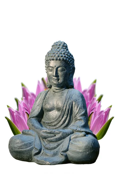 Estatua de Buda con flor de lirio detrás. plantilla de tema religioso con espacio para el texto . — Foto de Stock