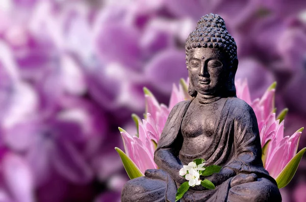 Estatua de Buda sostiene flor de manzano en las manos. Tema religioso plantilla . —  Fotos de Stock