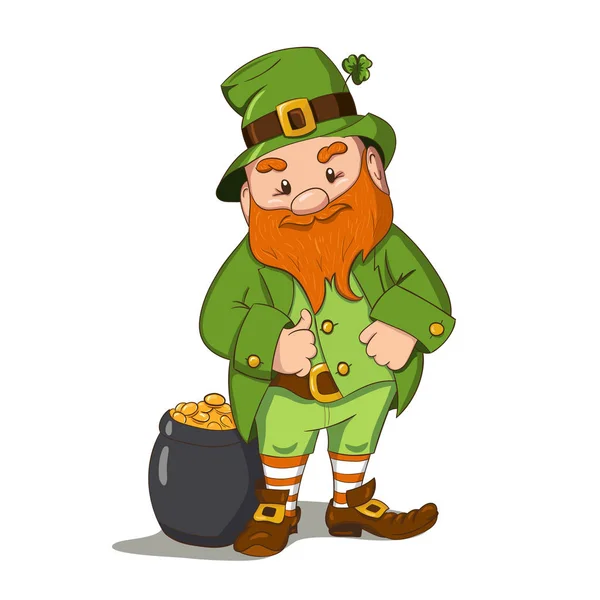 Happy Saint Patricks day illustration. Hand drawn Leprechaun cgaracter with green clover leaf. Vector illustration. — Stock Vector