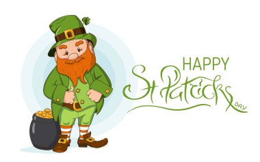 Happy Saint Patricks day illustration. Hand drawn Leprechaun cgaracter with green clover leaf. Vector illustration. clipart