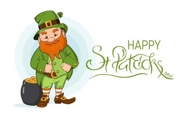 Gelukkig Saint Patricks dag illustratie. Hand getekend kabouter cgaracter met groene klaver blad. Vectorillustratie. — Stockvector