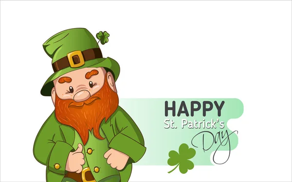 Feliz día de San Patricio ilustración. Dibujado a mano Leprechaun cgaracter con hoja de trébol verde. Ilustración vectorial . — Archivo Imágenes Vectoriales