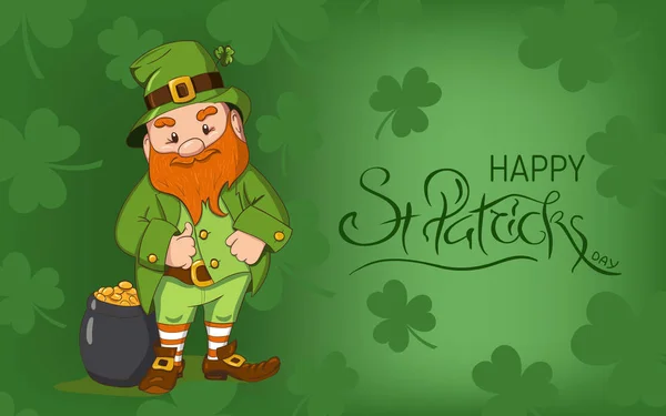 Feliz dia de São Patricks ilustração. Cgaracter de duende desenhado à mão com folha de trevo verde. Ilustração vetorial . —  Vetores de Stock