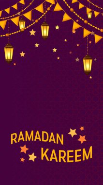 Ramazan Kareem tebrik kartı düzeni ile cami, Minare, Arapça parlayan lambalar ve süs dekor.