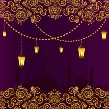 Ramazan Kareem tebrik kartı düzeni ile cami, Minare, Arapça parlayan lambalar ve süs dekor.