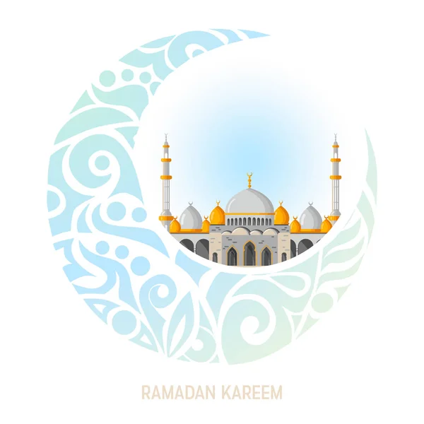 Ramadán Kareem diseño de la tarjeta de felicitación con mezquita, minaretes, lámparas brillantes árabes y decoración ornamental . — Vector de stock