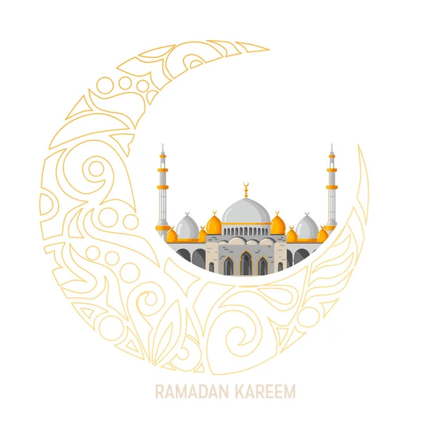 Layout do cartão Ramadan Kareem saudação com mesquita, minaretes, lâmpadas arábicas brilhantes, e decoração ornamental . — Vetor de Stock