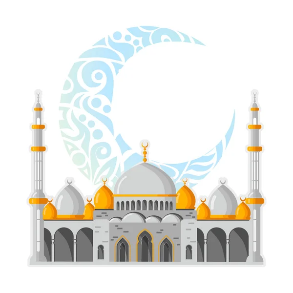 Ramadán Kareem blahopřání rozložení s mešity, minarety, arabské zářící lampy a ornamentální výzdoba. — Stockový vektor