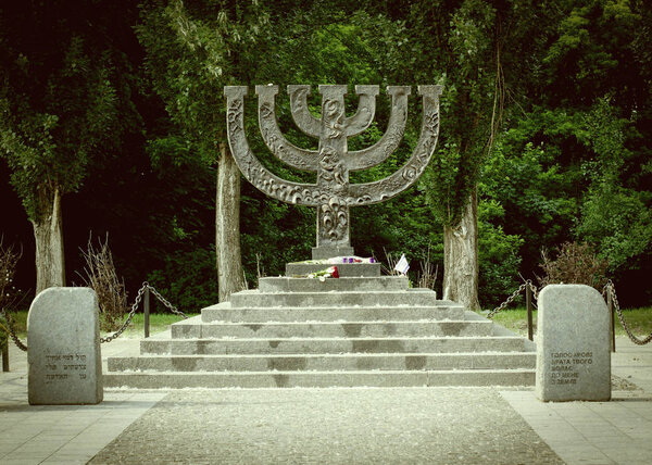 Kiev Ukraine - May 25, 2019. Menorahs Monument at Babi Yar memorial complex, place of massacres carried out by German forces during World War II.