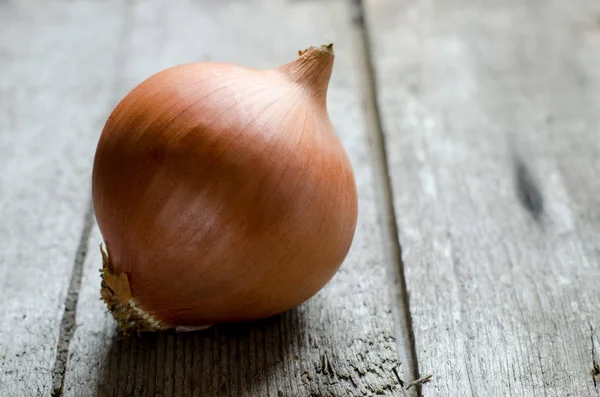 Ripe golden onion on a vintage rustic wooden table. — Stock Photo, Image