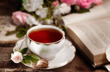 Eski bir porselen çay bardağı, taze küçük gül, salyangoz ve kitap ile Vintage hala hayat.