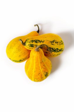 Beyaz arka planda izole edilmiş üç sarı kabak. Sonbahar sebze hasadı.