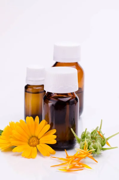 Donkere cosmetische fles aromatische olie voor kruidengeneeskunde met calendula bloem geïsoleerd op witte achtergrond. Goudsbloemextract. — Stockfoto