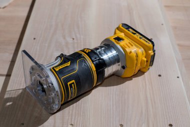Kyiv, Ukrayna - 22.07.2020: Dünyaca ünlü Amerikan markası DeWalt 'un en yeni kablosuz elektrikli budama aracı.