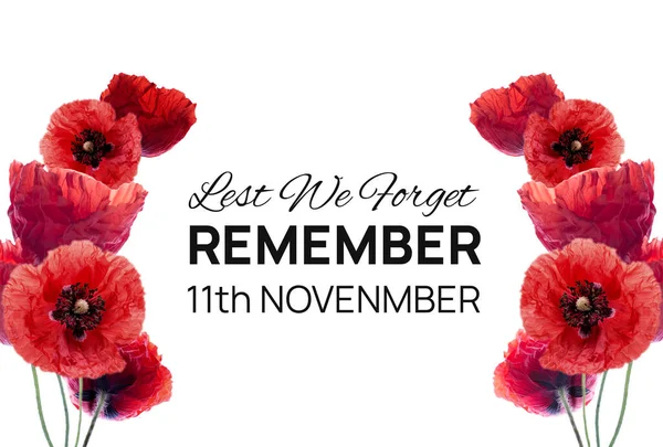 Remembrance Day Banner Red Poppy Flowers White Background Memorial Vicrtims — Stock Photo, Image