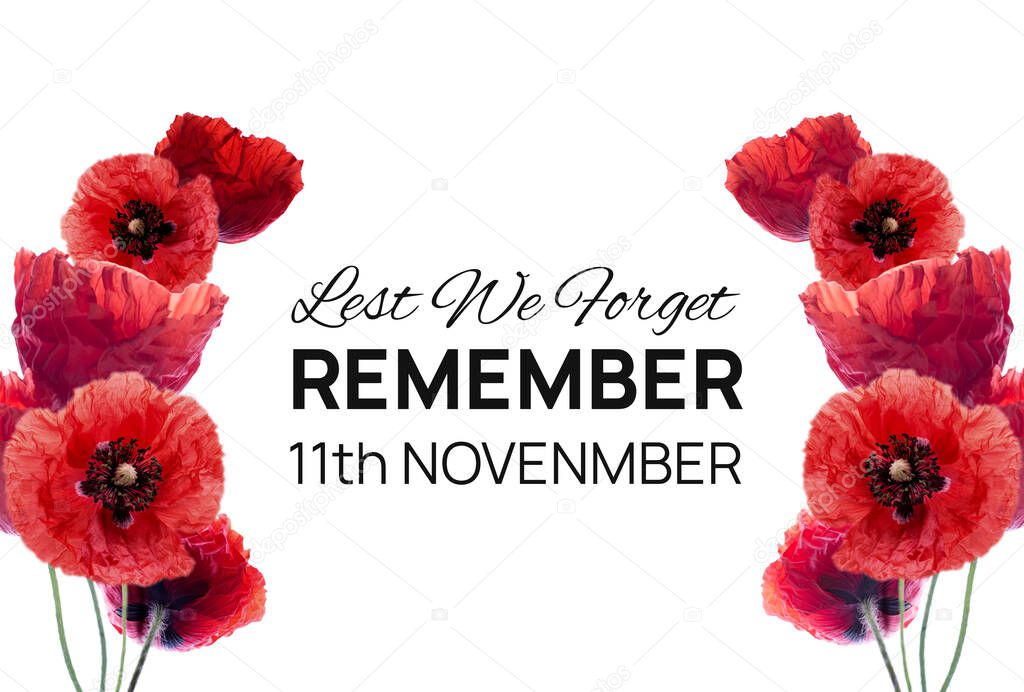 Remembrance day banner with red poppy flowers against white background. Memorial for vicrtims of World war