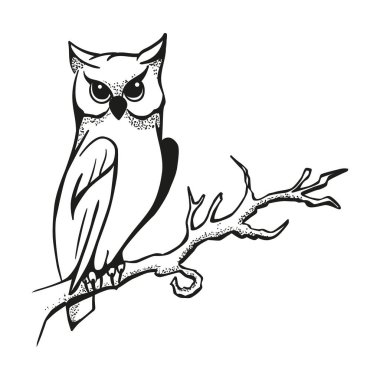 Ağaç çiftliğinde oturan mürekkep dövmeli baykuş. Siyah beyaz cadılar bayramı resmi