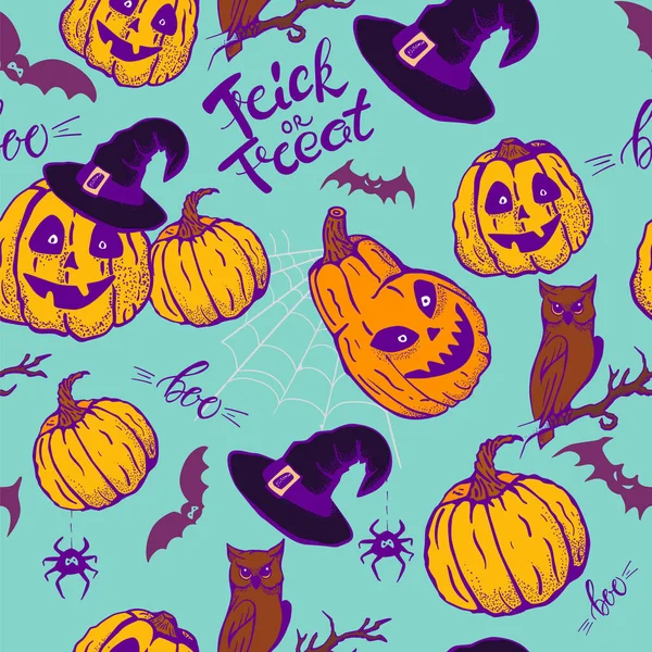 Modello Senza Cuciture Halloween Con Zucche Dolcetto Scherzetto Boo Lettering — Vettoriale Stock